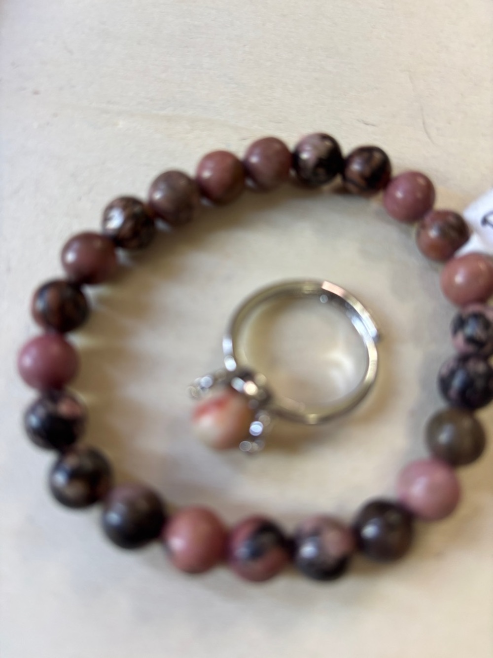 Beaded Rhodonite Stretch Bracelet and Ring Set in Pink